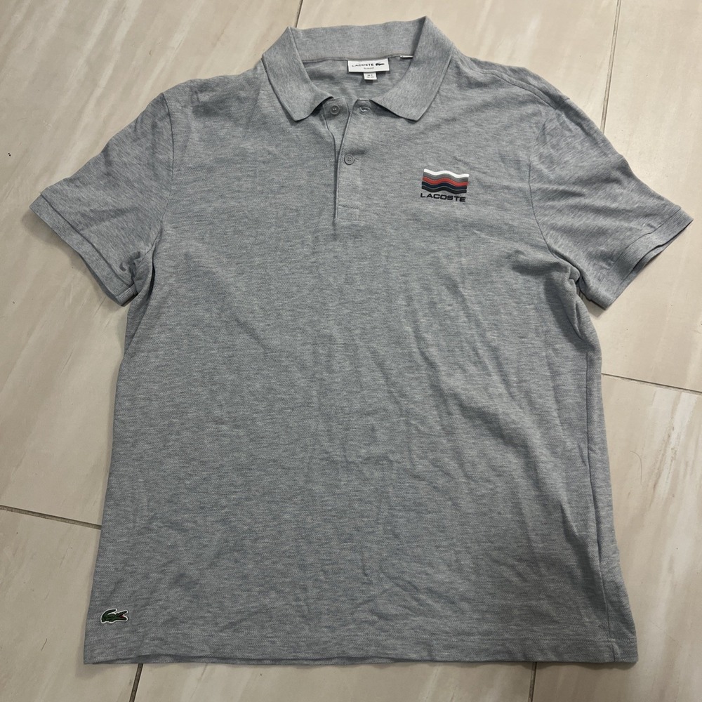 Lacoste Polo Shirt Mens XXL Size 7 Gray Lacoste Spellout Logo Slim White
